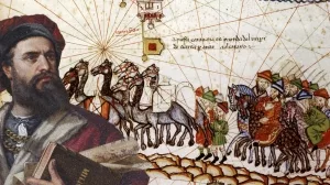 Marco-Polo-Mosaic im Palazzo Tursi von Genua und Illustration aus dem Katalanischen Atlas