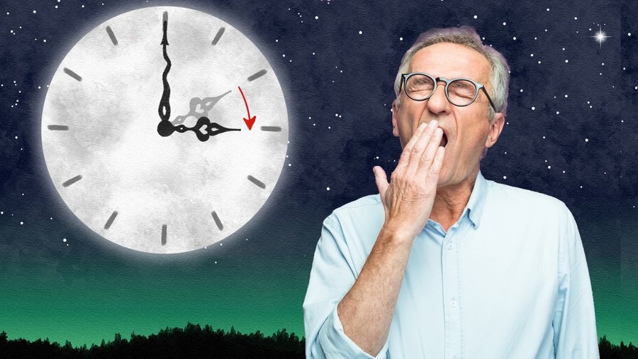 Gähnender Mann und Sommerzeituhr vor Nachthimmel