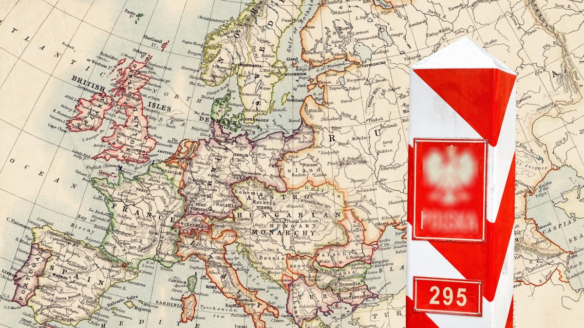 Europakarte von 1895 und polnischer Grenzpfosten