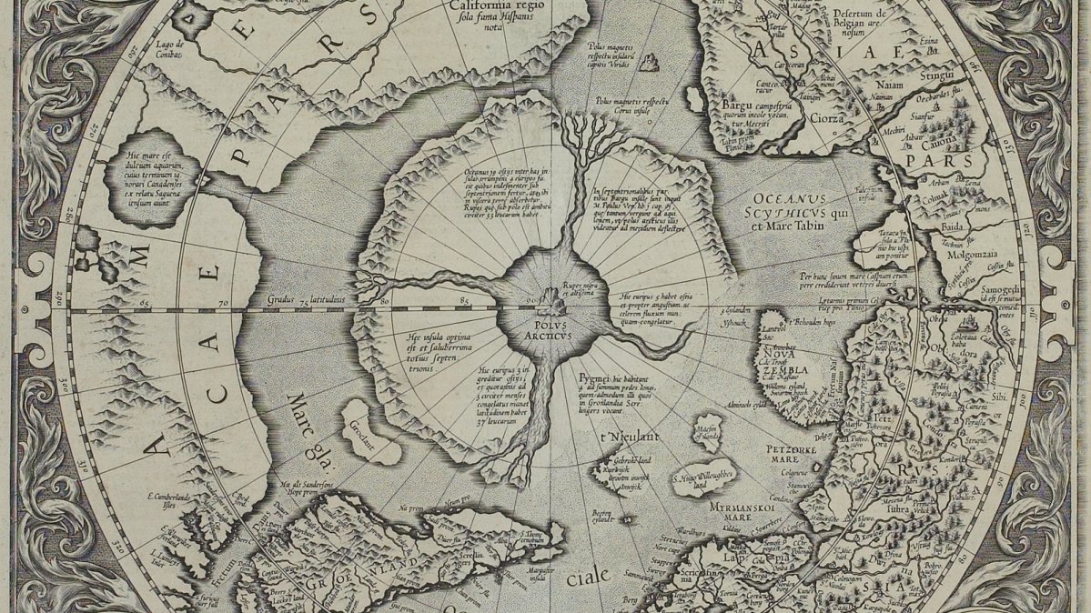Mercator-Karte der Arktis mit Magnetberg am Nordpol, 1595