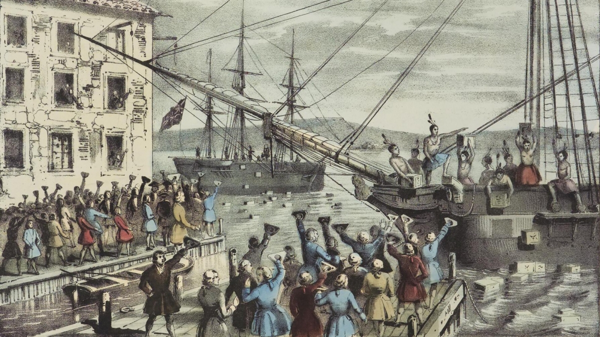 Lithographie The Destruction of Tea at Boston Harbor. 1773. von Sarony & Major, 1846