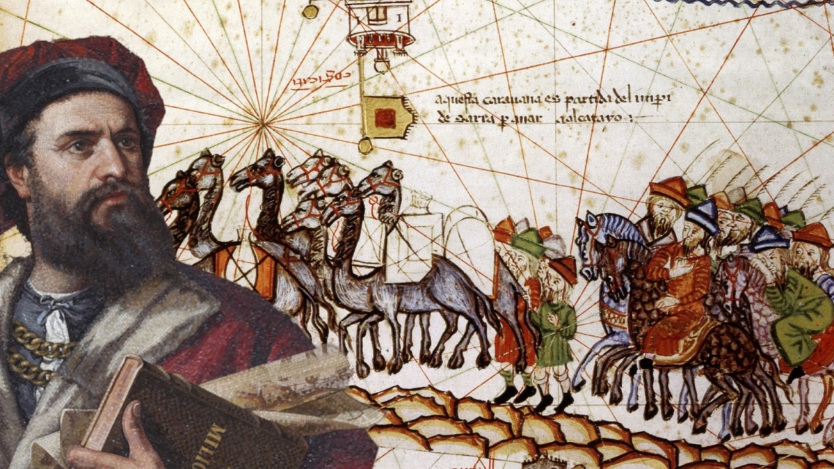 Marco-Polo-Mosaic im Palazzo Tursi von Genua und Illustration aus dem Katalanischen Atlas