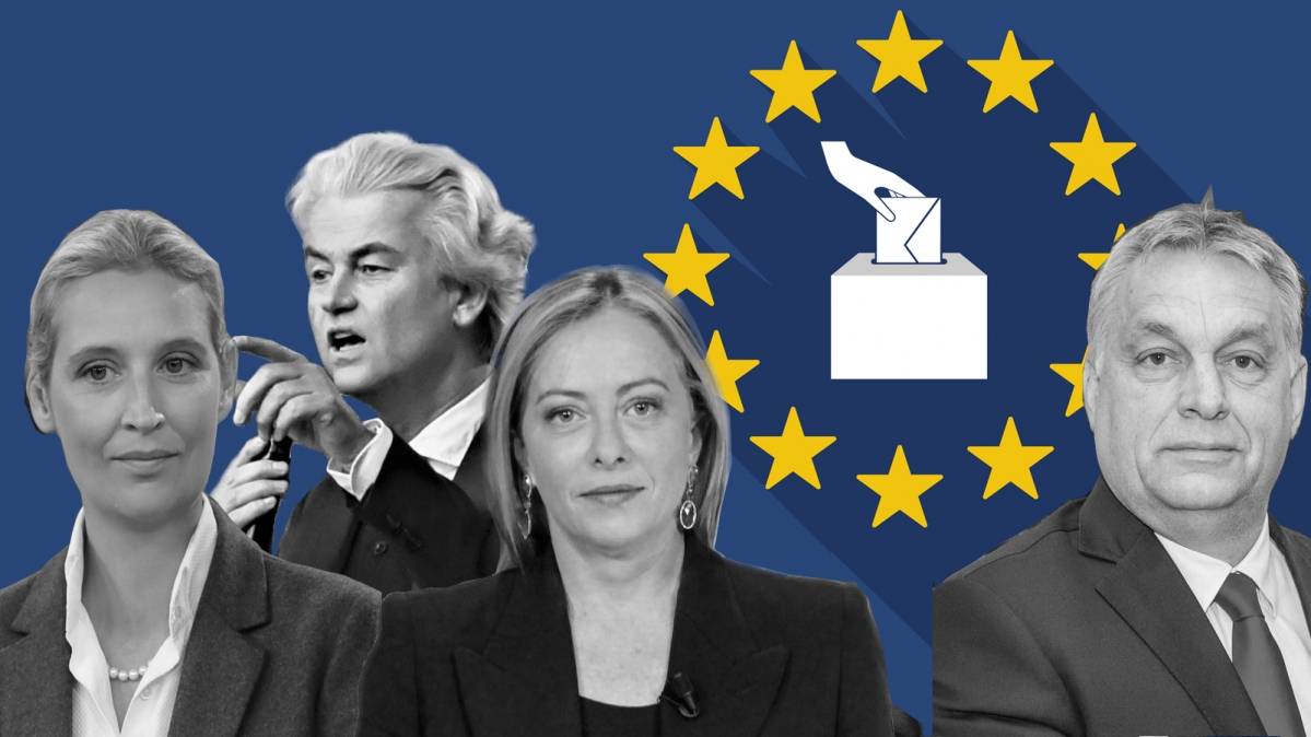 Alice Weidel, Geert Wilders, Giorgia Meloni und Viktor Orbán (v.l.n.r.) vor einem Symbol der Europawahl 2024
