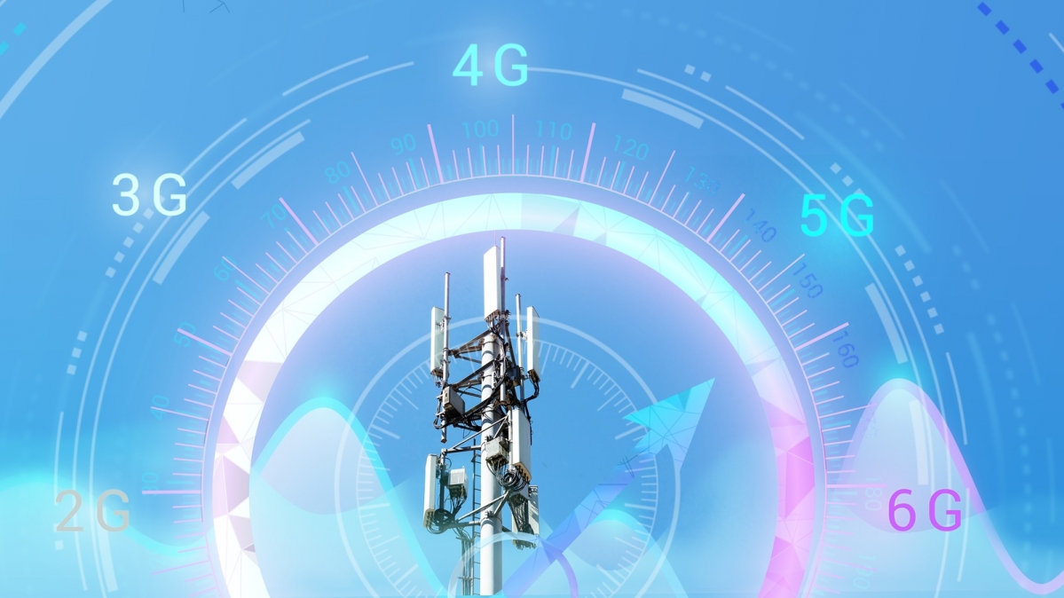 Fernmeldeturm mit 6G-Symbolen