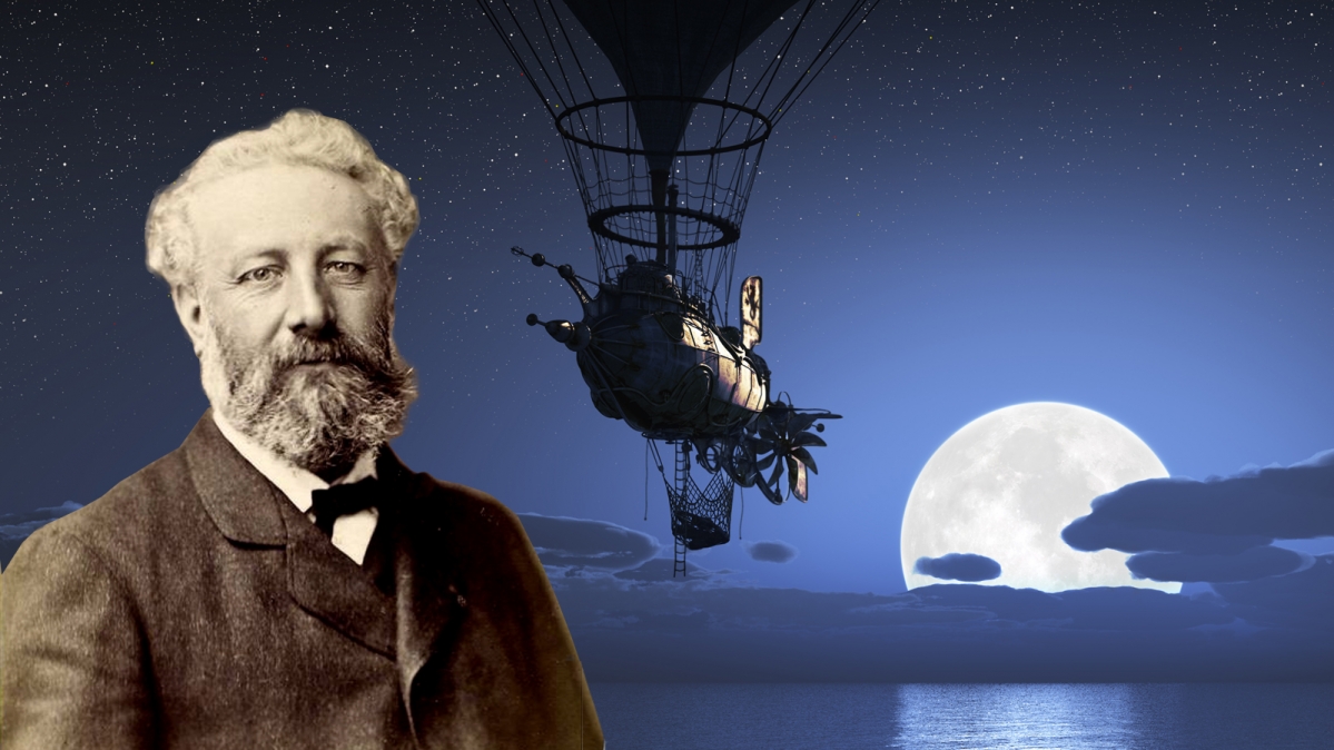 Jules Verne neben Steampunk-Luftschiff