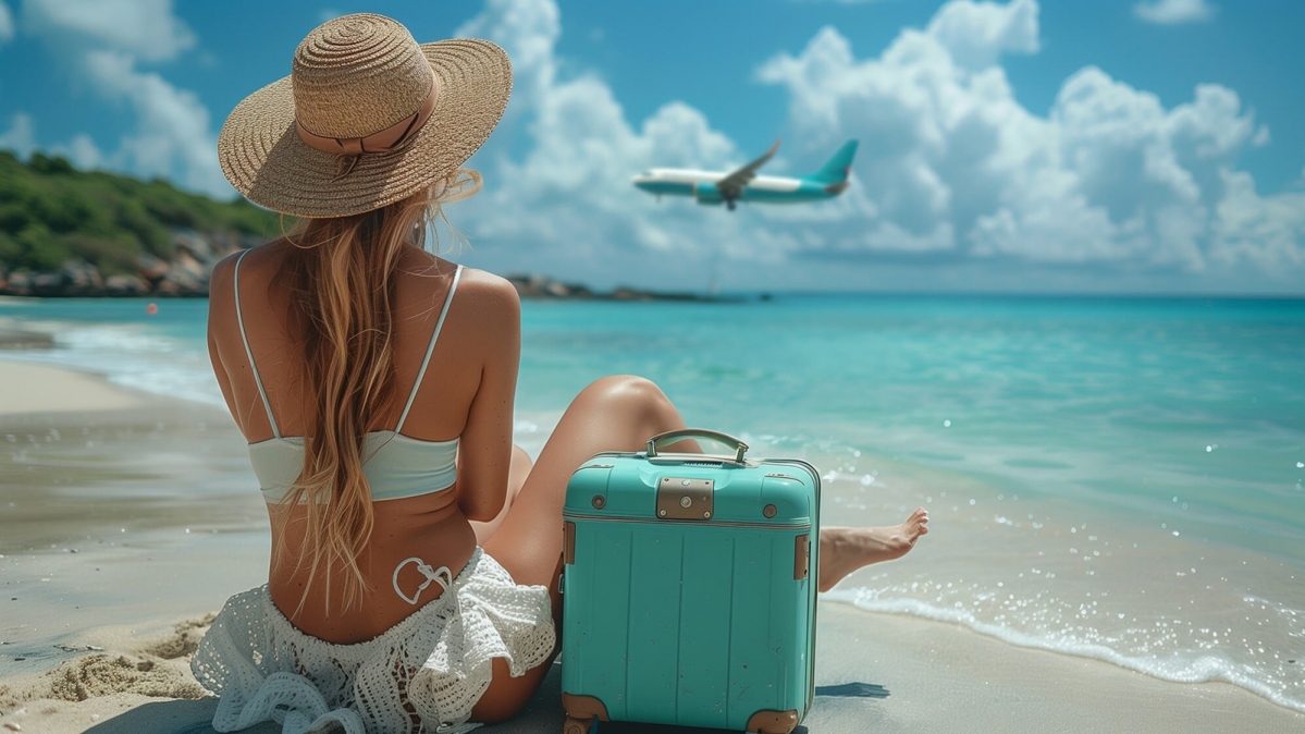 Am Strand sitzende Frau in Rückenansicht