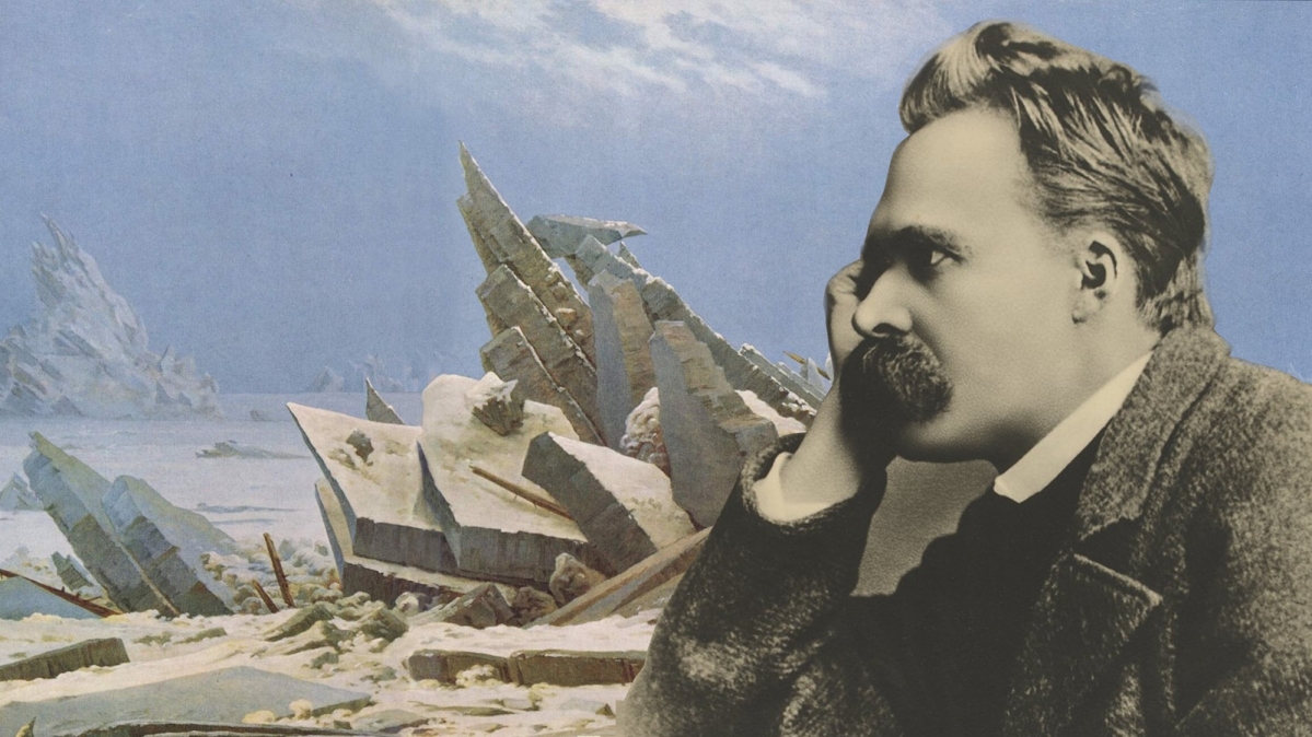 Friedrich Nietzsche in Denkerpose vor dem Gemälde Das Eismeer von Caspar David Friedrich