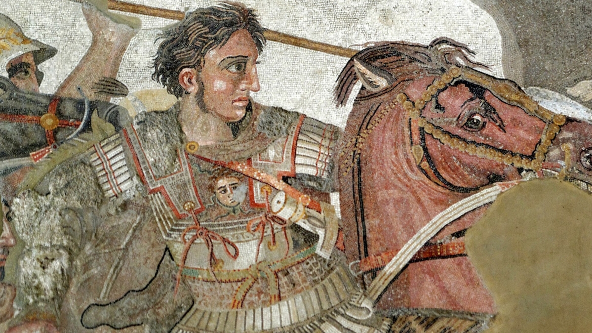 Alexander der Große und sein Ross Bukephalos, Ausschnitt des sogenannten Alexandermosiks (Mosaik, Pompeji, ca. 150–100 v. Chr.)