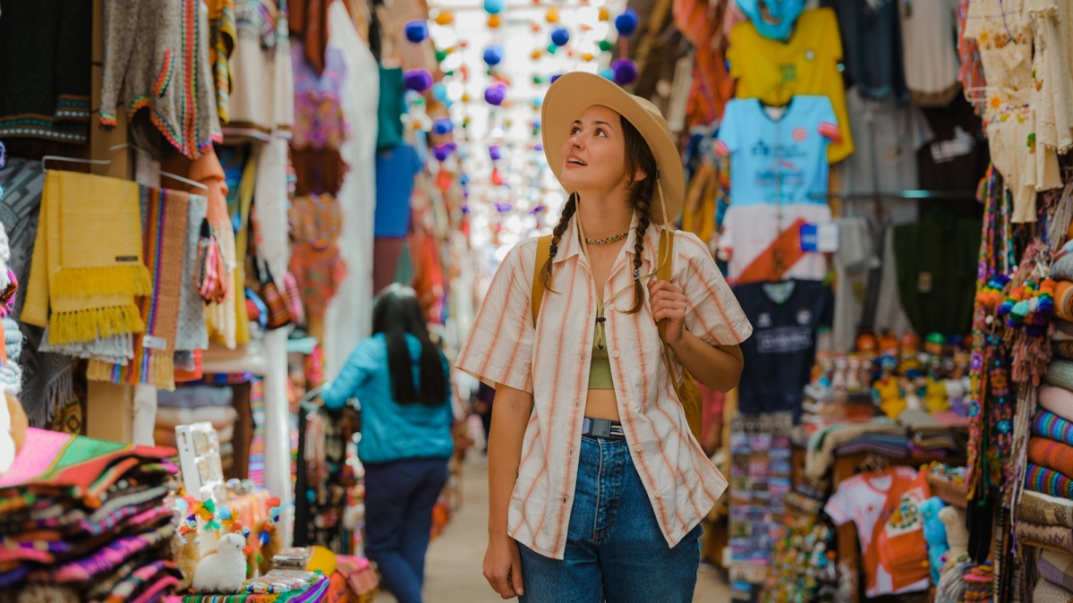Touristin beim Bummel über den Mercado de artesanías von Pisac, Peru