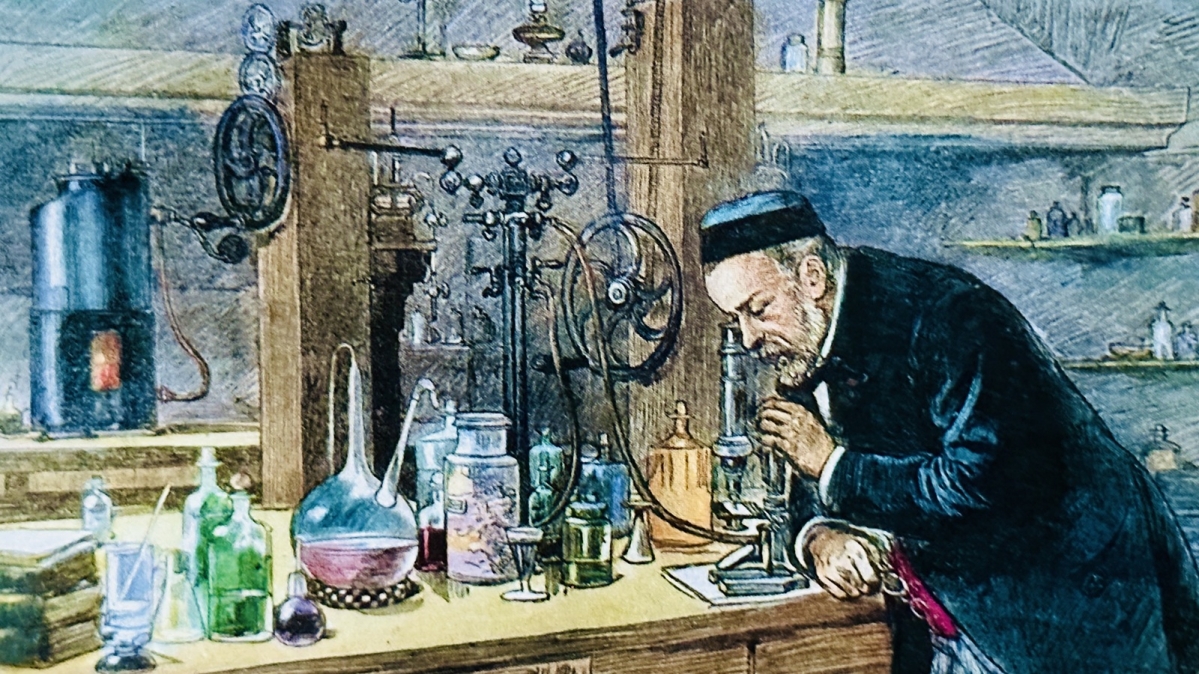 Louis Pasteur am Mikroskop in seinem Labor