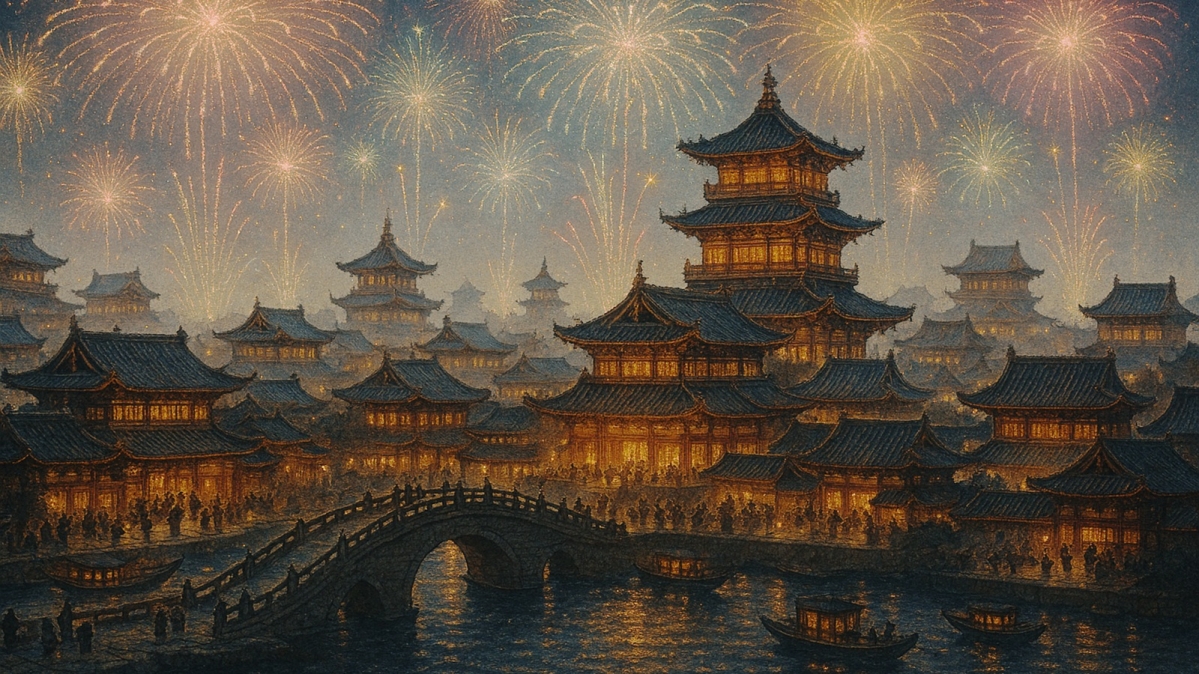 Feuerwerk in iner mittelalterlichen chinesischen Stadt