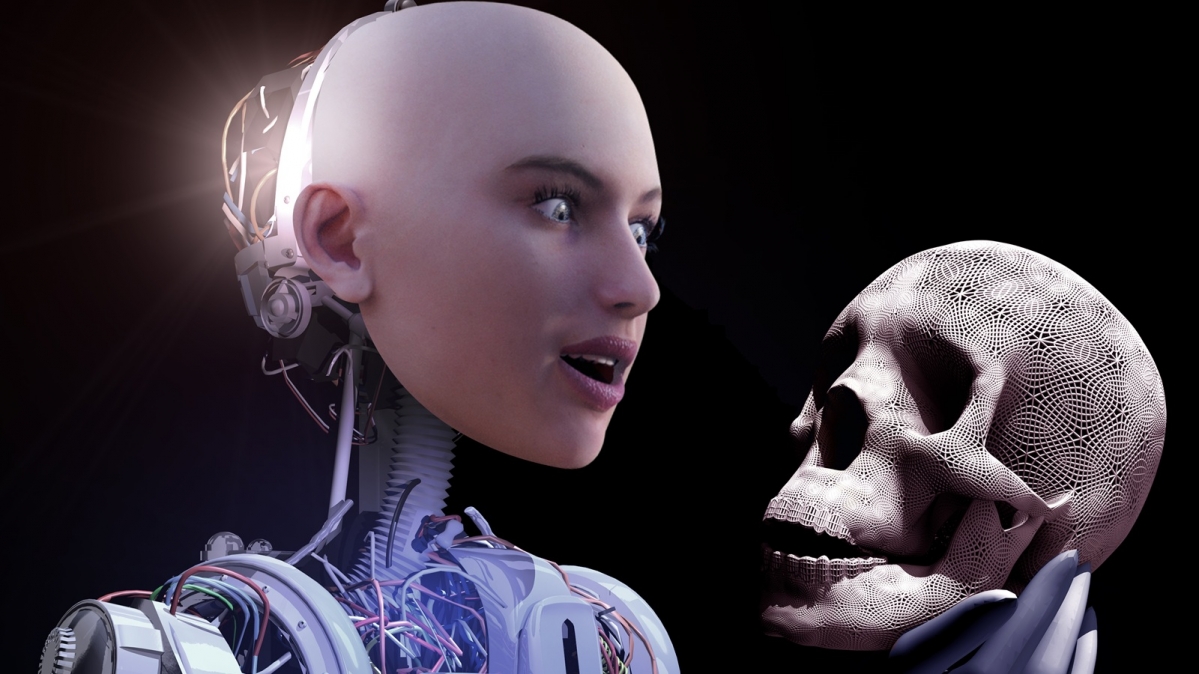 Android mit Totenschaedel in der Hand 