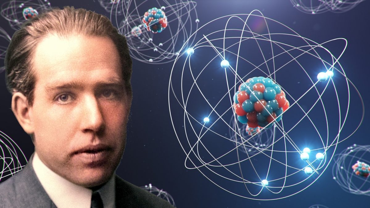 Porträt von Niel Bohr vor stilisierten 3D-Darstellungen von Atomen