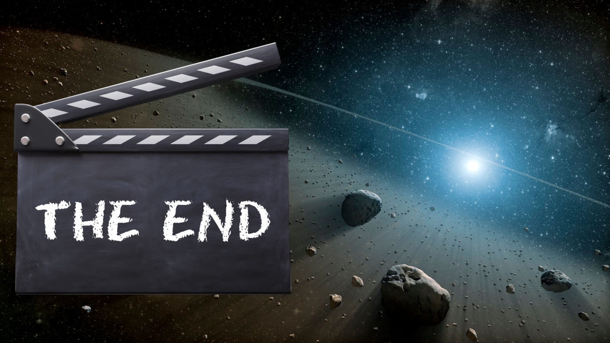 Asteroidengürtel des Sonnensystems und Clapperborad mit Beschriftung "The End"