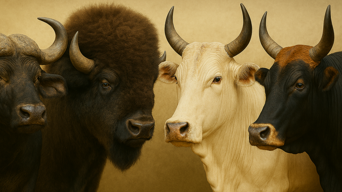 Kaffernbüffel, Amerikanischer Büffel, Zebu und Auerochse (v.l.n.r.)