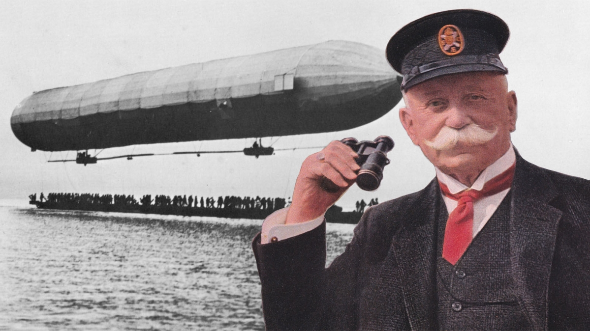 Ferdinand Graf von Zeppelin und das Luftschiff LZ1 über dem Bodensee