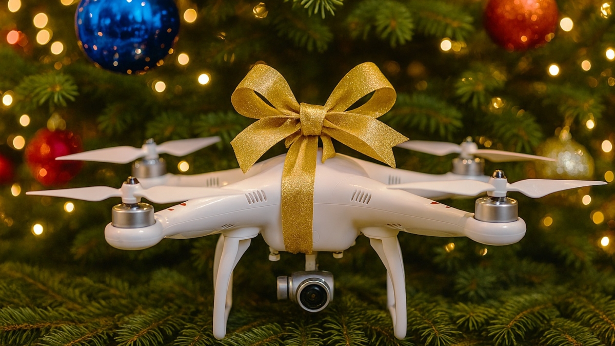 Quadrocopter-Drohne mit Geschenkschleife in einem Weihnachtsbaum