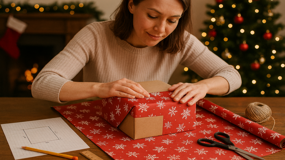 Frau bei Verpacken eines Weihnachtsgeschenkes