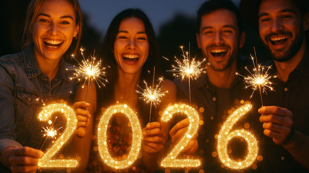 Zwei Frauen und zwei Männer mit Wunderkerze hinter leuchtender Jahreszahl 2026
