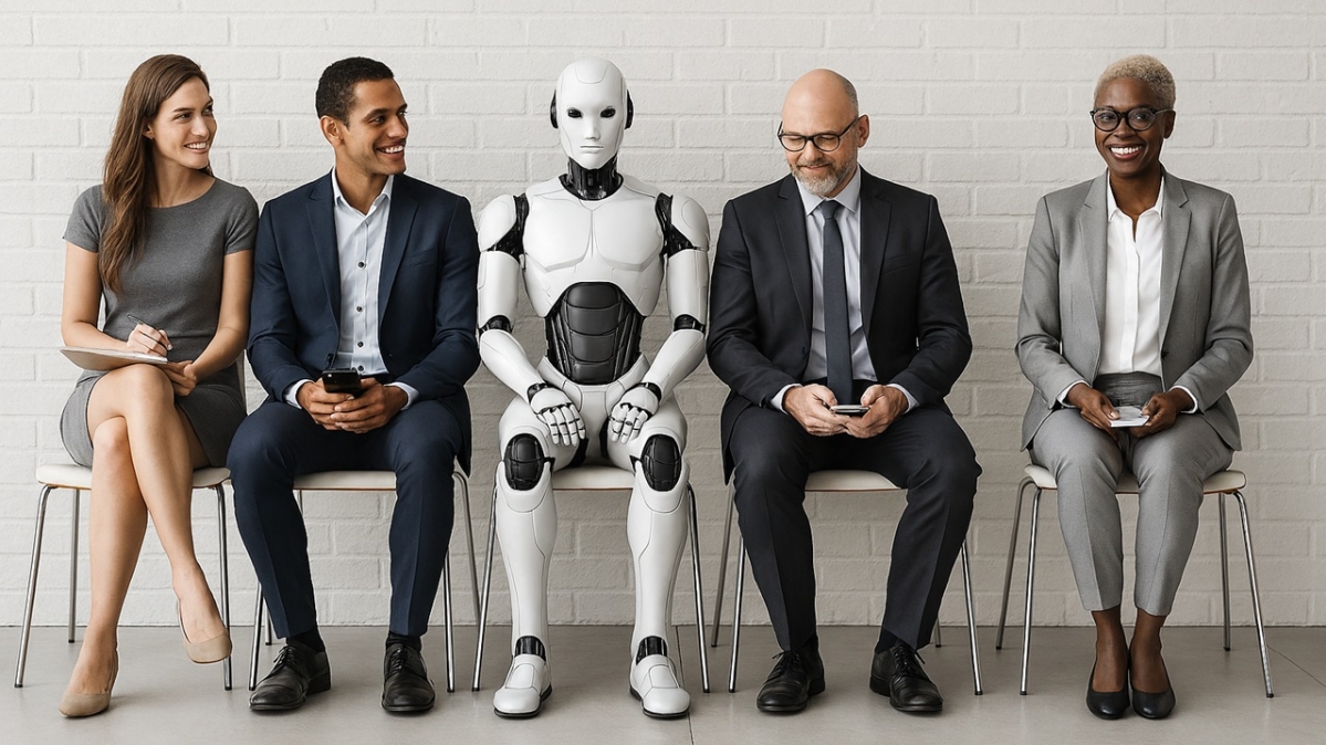 Vier Menschen und ein Android in einer Bewerbersitzreihe