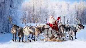 Weihnachtsmann mit Rentierschlitten in winterlicher Landschaft