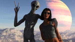 Alien und Frau bei einem Fotoshooting