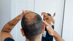 Mann mit Haarausfall für dem Spiegel