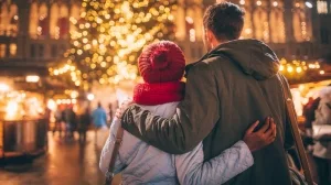 Rückenansicht eines jungen Paares auf einem Weihnachtsmarkt