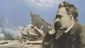 Friedrich Nietzsche in Denkerpose vor dem Gemälde Das Eismeer von Caspar David Friedrich