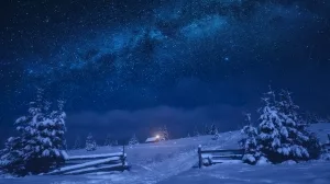 Winternachthimmel über verschneiter Landschaft mit einem Hof