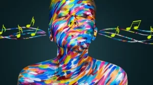 Fabrig angemalte Frau, die farbige Noten "hört"