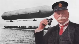 Ferdinand Graf von Zeppelin und das Luftschiff LZ1 über dem Bodensee