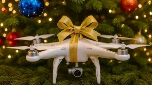 Quadrocopter-Drohne mit Geschenkschleife in einem Weihnachtsbaum