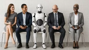 Vier Menschen und ein Android in einer Bewerbersitzreihe