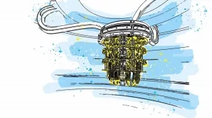 Illustration eines Wasserhahns mit Wasserstrahl und blauen Wasserfarbspritzern.