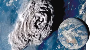 Der Tonga-Vulkan am 15. Januar 2022 um 5.40 Uhr Weltzeit, etwa 100 Minuten nach dem Beginn des Ausbruchs (Erde: rechts unten, Vergrößerung links). Das Foto stammt vom japanischen Satelliten Himawari-8.