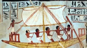 Ein Schiff bringt die Mumie des Sennefer nach Abydos. Ägyptische Wandmalerei aus dem 15. Jahrhundert v. Chr.