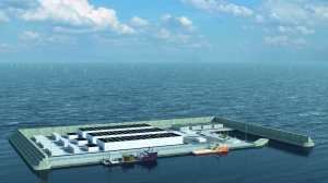 llustration einer von der dänischen Energiebehörde geplanten Energieinsel mit drei Konverterstationen zur Umwandlung von aus Windturbinen geliefertem Wechselstrom in Gleichstrom.