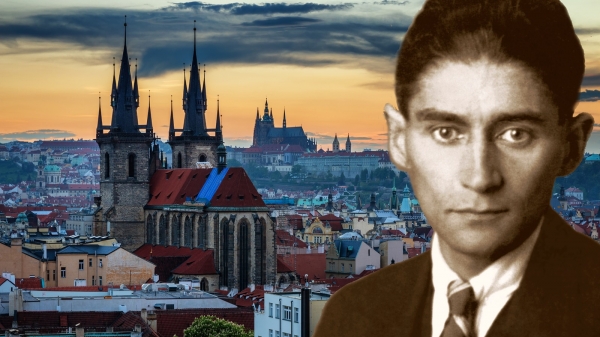 Franz Kafka im Alter von 24 Jahren vor Panorama der Prager Altstadt