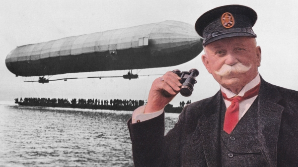 Ferdinand Graf von Zeppelin und das Luftschiff LZ1 über dem Bodensee