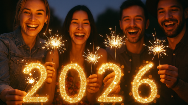 Zwei Frauen und zwei Männer mit Wunderkerze hinter leuchtender Jahreszahl 2026