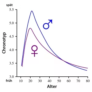 Infografik zur Entwicklung der Chronotypen nach Geschlecht und Alter