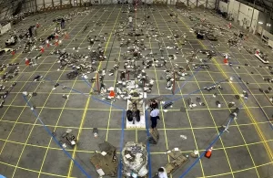 Trümmer der Raumfähre Columbia in einem Hangar, Cape Canaveral 
