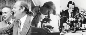 V.l.n.r.: James Watson und Francis Crick, Rosalind Franklin und Maurice Wilkins