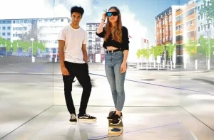 Zwei Jugendliche in der 3D-Darstellung einer städtischen Umgebung