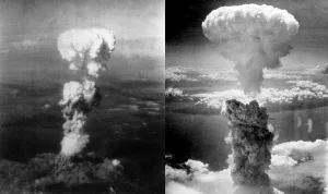 Atompilze über Hiroshima (l.) und Nagasaki (r.) am 6. beziehungsweise 9. August 1945.
