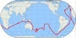 Weltkarte mit der Route der ersten der drei großen Reisen von James Cook.