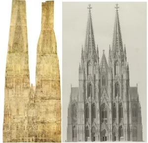 Plan F der Kölner Domfassade (l.) und Westansicht des Kölner Dom von Sulpiz Boisserée, 1821