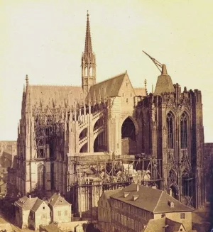Baukran auf dem Südturm des Kölner Domes vor dem Abriss, 1865