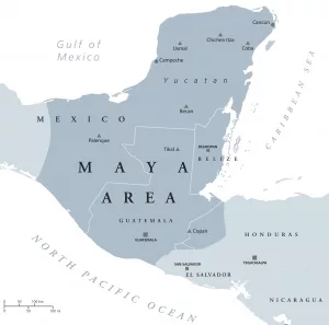 Karte zur Ausdehnung des Maya-Reiches und Lage wichtiger Städte.